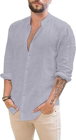 قمصان Durzasvo الرجالية ذات المقاس النحيف من الكتان كاجوال بأكمام طويلة وأزرار سفلية من القطن الكتاني للشاطئ in Kuwait
