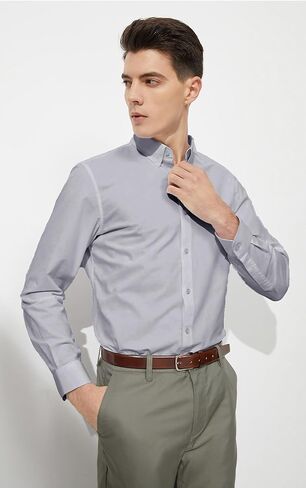 قمصان Durzasvo الرجالية ذات المقاس النحيف من الكتان كاجوال بأكمام طويلة وأزرار سفلية من القطن الكتاني للشاطئ in Kuwait