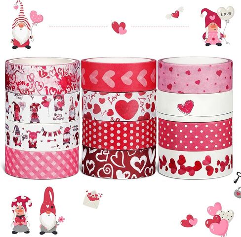 Outus 12 Rolls Valentine's Day Washi Tape Red Pink Heart Gnome Plaid Tape 15 mm Wide Masking Tape Set Holiday Washi Tape DIY Craft Supplies Washi Tape for Wrapping Scrapbook Journal Planner Card in Saudi Arabia