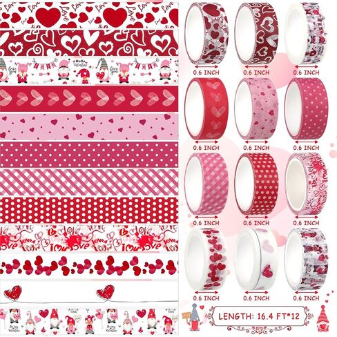 Outus 12 Rolls Valentine's Day Washi Tape Red Pink Heart Gnome Plaid Tape 15 mm Wide Masking Tape Set Holiday Washi Tape DIY Craft Supplies Washi Tape for Wrapping Scrapbook Journal Planner Card in Saudi Arabia