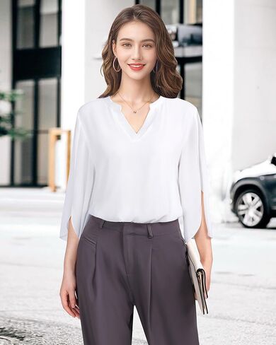 Timeson Women's 3/4 Sleeve Chiffon Blouse Shirt V Neck Dressy Tunic Tops in Kuwait