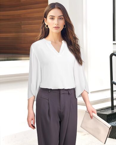 Timeson Women's 3/4 Sleeve Chiffon Blouse Shirt V Neck Dressy Tunic Tops in Kuwait