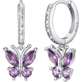 SILVERCUTE 925 Sterling Silver Butterfly Hoop Earrings - 12 Birthstone Butterfly Dangle Earrings, Cute Huggie Hoops Butterfly Jewelry for Women Teen Girls