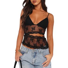 Women Y2K Lace Cami Crop Top Sleeveless Backless Spaghetti Strap Slim Tank Tops Sexy Mesh Floral Lace Camisoles