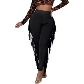 LYANER Women's High Waist Fringe Jogger Sweatpants Tassels Side Bodycon Pants