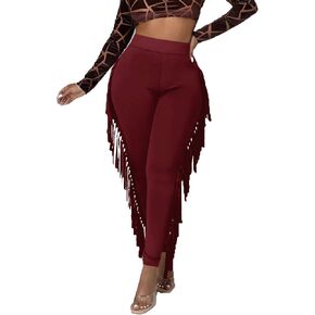 LYANER Women's High Waist Fringe Jogger Sweatpants Tassels Side Bodycon Pants in Kuwait