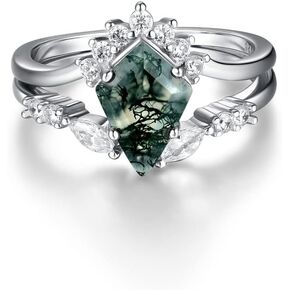 Natural Moss Agate Gemstone Genuine 925 Sterling Silver Ring for Women Kite Cut Women's Ring Set for Engagement Silver 925 Jewelry