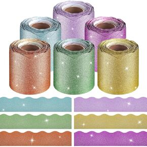 Sherr 6 Rolls 196.9 ft Colored Glitter Bulletin Board Borders Shine Scalloped Bulletin Board Trim Border for Bulletin Board Glitter Border Paper for School Classroom Office Wall (Vivid Color)