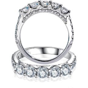 CannyCat 5 Stone Moissanite Half Eternity ring 4.0mm 2.1 CTTW Lab Created Diamond Wedding Band for Women VVS D color Moissanite Anniversary Engagement Eternity Bands Platinum Plated Silver Stacking Rings