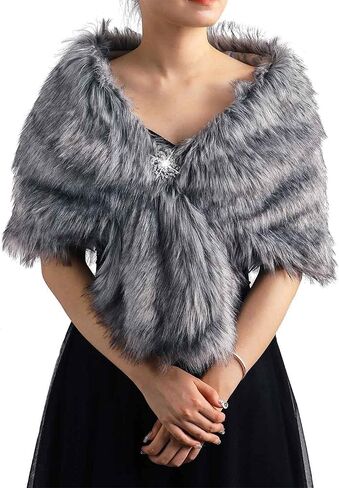 EASEDAILY Women's Fur Shawls and Wraps Wedding Fur Scarf Faux Bridal Fur Stole with Brooch for Brides and Bridesmaids in Kuwait