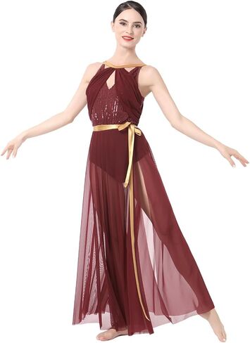 AFAVOM Women's Lyrical Dance Dress Contemporary Dance Costume Sequin Ballet Leotard + Long Sheer Wrap Skirt Lyrical Outfit in Kuwait