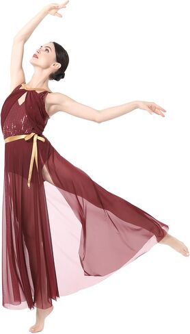 AFAVOM Women's Lyrical Dance Dress Contemporary Dance Costume Sequin Ballet Leotard + Long Sheer Wrap Skirt Lyrical Outfit in Kuwait
