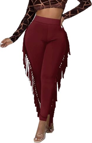 LYANER Women's High Waist Fringe Jogger Sweatpants Tassels Side Bodycon Pants in Kuwait