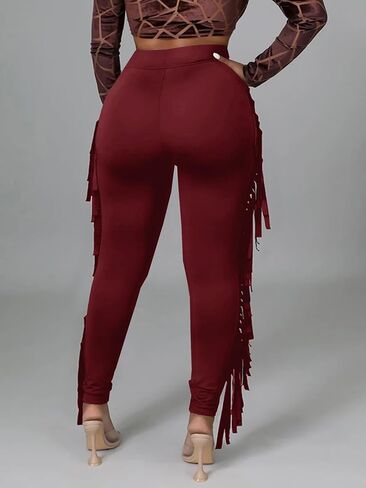 LYANER Women's High Waist Fringe Jogger Sweatpants Tassels Side Bodycon Pants in Kuwait