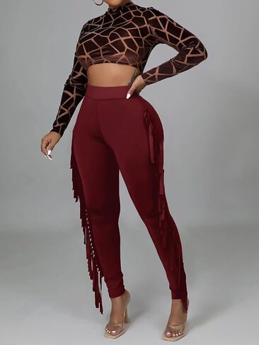 LYANER Women's High Waist Fringe Jogger Sweatpants Tassels Side Bodycon Pants in Kuwait