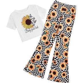 SOLY HUX Girl's 2 Piece Summer Outfits Top Graphic Tees T Shirt & Floral Bell Bottoms Flare Leg Pants