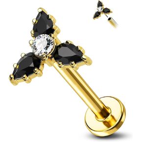 COCHARM G23 Titanium 16g Flat Back Cartilage Earrings Stud Gold Helix Earrings Black Triple Flower Tragus Piercing Threadless 16 Gauge Surgical Steel Labret Medusa Stud Push-in Conch Earrings