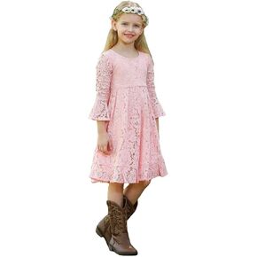 Bow Dream Girls Lace Flower Dress Casual Crew Neck Floral A-Line Party Dress