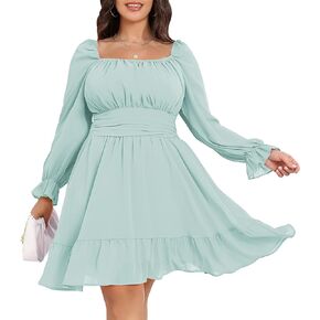 Byinns Women's Plus Size Tie Back Square Neck Mini Dress Long Lantern Sleeve Elastic Waist Wedding Guest Dresses 2023