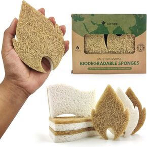Biodegradable Natural Kitchen Sponge - Compostable Cellulose and Coconut Walnut Scrubber Sponge - Pack of 6 Eco Friendly Sponges for Dishes