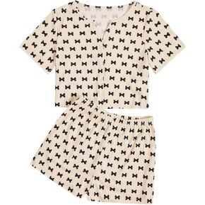 Verdusa Women's 2-Piece Button Down Short Sleeve Ditsy Floral Button Front Sleepwear Loungewear PJ Set
