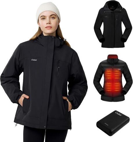 Cadai Women's 3-in-1 Heated Jacket with Battery Pack 5.2V, 8000mm H2O Waterproof Heated Coat with Removable Hood, for Skiing in Saudi Arabia