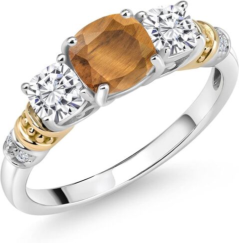 Gem Stone King 925 Silver and 10K Yellow Gold Brown Tiger Eye and White Moissanite and Diamond 3-Stone Ring For Women (1.67 Cttw, Gemstone Birthstone, Cushion 6MM and 4MM, Available in Size 5,6,7,8,9) in Saudi Arabia