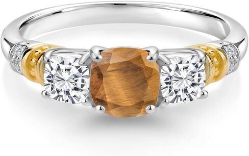Gem Stone King 925 Silver and 10K Yellow Gold Brown Tiger Eye and White Moissanite and Diamond 3-Stone Ring For Women (1.67 Cttw, Gemstone Birthstone, Cushion 6MM and 4MM, Available in Size 5,6,7,8,9) in Saudi Arabia