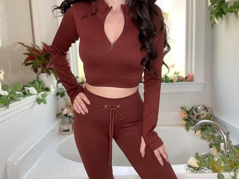 QCHENG Womens Workout Set 2 Piece Seamless Ribbed Long Sleeve Zipper Crop Tops High Waist Drawstring Leggings Gym Yoga Outfit in Saudi Arabia