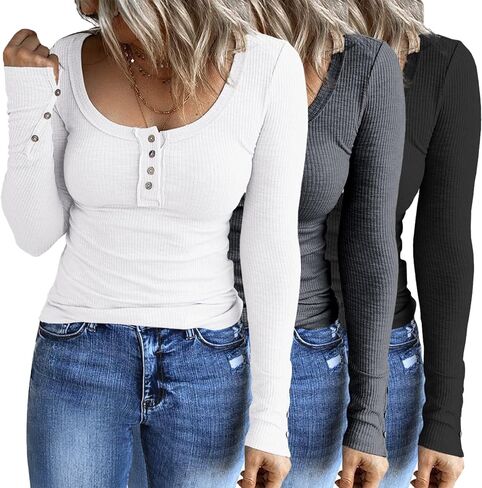 3 مجموعات من القمصان النسائية من SUNBS بأكمام طويلة، قمصان كاجوال للخريف من Henley، بلوزات علوية بأزرار سفلية، تي شيرتات أساسية متماسكة مضلعة in Kuwait