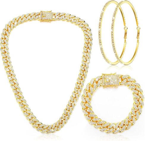 Cuban Link Chain Necklace Bracelet Rhinestone Hoop Earrings Set Bling Necklace Bracelet Crystal Big Circle Earrings for Girls in Kuwait