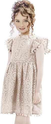 2Bunnies Girl Baby Toddler Vintage Lace Pom Pom Flutter Sleeve Easter Birthday Outfit Dress in Saudi Arabia