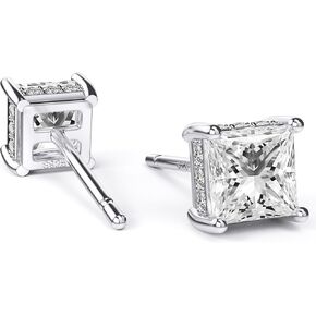 UNFAAR 18K White Gold Plated Sterling Silver Princess Cut Cubic Zirconia Stud Earrings Square CZ Diamond Stud Earrings for Women Men Hypoallergenic
