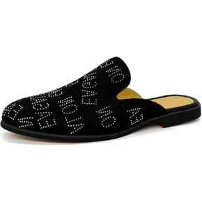 Mens Velvet Slip-On Mules Loafers Glitter Half Loafers Shoes Mens Backless Sandals Black White Size 7-13