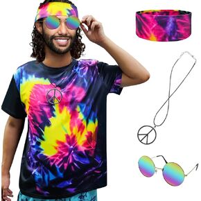XonyiCos Hippie Costume for Men Women 60s and 70s colorful T-shirt sunglasses headband Peace necklace 4-piece theme party
