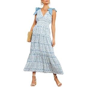 chouyatou Women's Summer Boho Floral Print Dress Tie Knot Strap V-Neck Swing Maxi Beach Dress