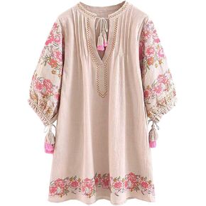 R.Vivimos Women's Autumn 3/4 Sleeve Cotton V Neck Floral Embroidery Casual Tunic Dresses