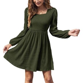 Sherosa Womens Long Sleeve Knit Dress Square Neck Knee Length Casual Babydoll Fall Dresses 2023
