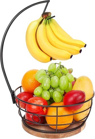 Livabber Countertop Fruit Basket Bowl with Banana Hanger, Modern Standing Fruit Vegetable Bowl Storage, with Banana Tree Holder for Kitchen Dinning Table (Round Marble, Black) in Saudi Arabia