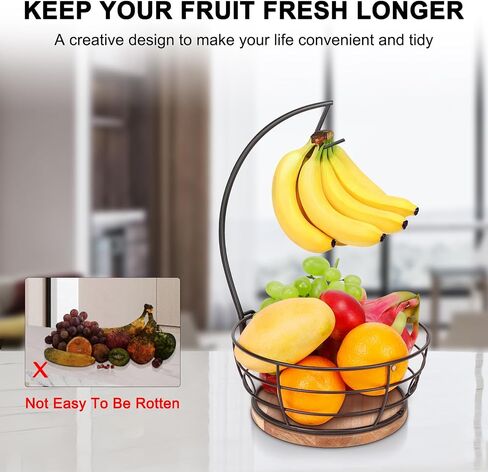 Livabber Countertop Fruit Basket Bowl with Banana Hanger, Modern Standing Fruit Vegetable Bowl Storage, with Banana Tree Holder for Kitchen Dinning Table (Round Marble, Black) in Saudi Arabia