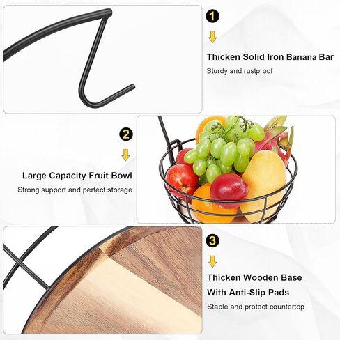 Livabber Countertop Fruit Basket Bowl with Banana Hanger, Modern Standing Fruit Vegetable Bowl Storage, with Banana Tree Holder for Kitchen Dinning Table (Round Marble, Black) in Saudi Arabia