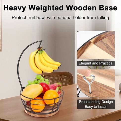 Livabber Countertop Fruit Basket Bowl with Banana Hanger, Modern Standing Fruit Vegetable Bowl Storage, with Banana Tree Holder for Kitchen Dinning Table (Round Marble, Black) in Saudi Arabia