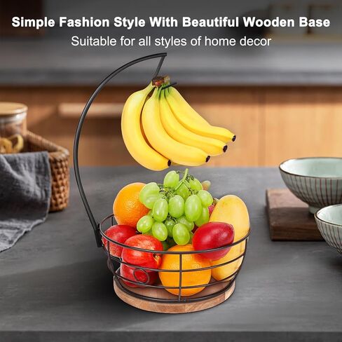 Livabber Countertop Fruit Basket Bowl with Banana Hanger, Modern Standing Fruit Vegetable Bowl Storage, with Banana Tree Holder for Kitchen Dinning Table (Round Marble, Black) in Saudi Arabia