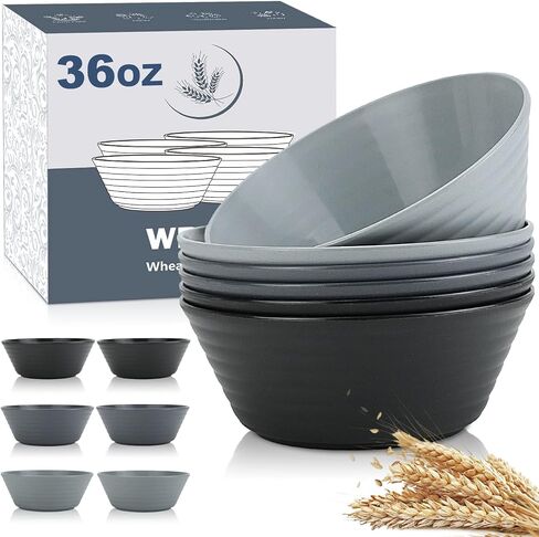 Wheat Straw Bowl Sets,6 PCS Unbreakable Cereal Bowl 36 OZ,Microwave and Dishwasher Safe Bowls,Soup Bowl Sets BPA Free Eco Friendly Bowl for Serving Soup,Oatmeal and Salad （Black Grey） in Saudi Arabia