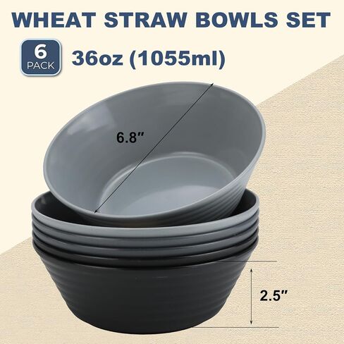 Wheat Straw Bowl Sets,6 PCS Unbreakable Cereal Bowl 36 OZ,Microwave and Dishwasher Safe Bowls,Soup Bowl Sets BPA Free Eco Friendly Bowl for Serving Soup,Oatmeal and Salad （Black Grey） in Saudi Arabia