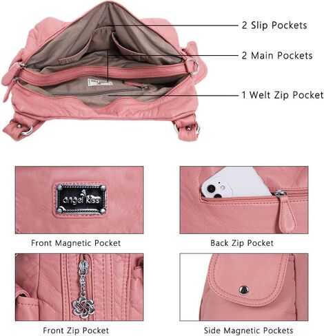 Angel Kiss Women Handbags Shoulder Bags Washed Leather Satchel Tote Bag Mutipocket Hobo Purse in Kuwait