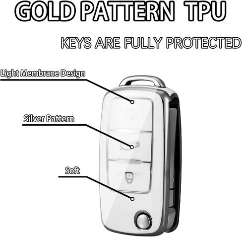 Silver Pattern Soft TPU 360 Degree Protection Key Case Compatible with Volkswagen Jetta Golf Polo MK8 Passat Tiguan Beetle 3 Button Key Cover(Silver-Black) in Saudi Arabia