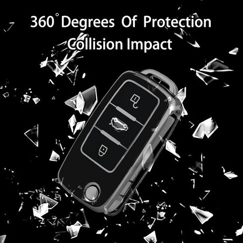 Silver Pattern Soft TPU 360 Degree Protection Key Case Compatible with Volkswagen Jetta Golf Polo MK8 Passat Tiguan Beetle 3 Button Key Cover(Silver-Black) in Saudi Arabia