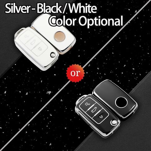 Silver Pattern Soft TPU 360 Degree Protection Key Case Compatible with Volkswagen Jetta Golf Polo MK8 Passat Tiguan Beetle 3 Button Key Cover(Silver-Black) in Saudi Arabia