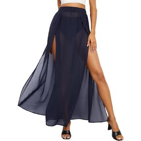 OYOANGLE Women's Sheer Mesh Hight Waist Split Beach Cover Up Long Skirt